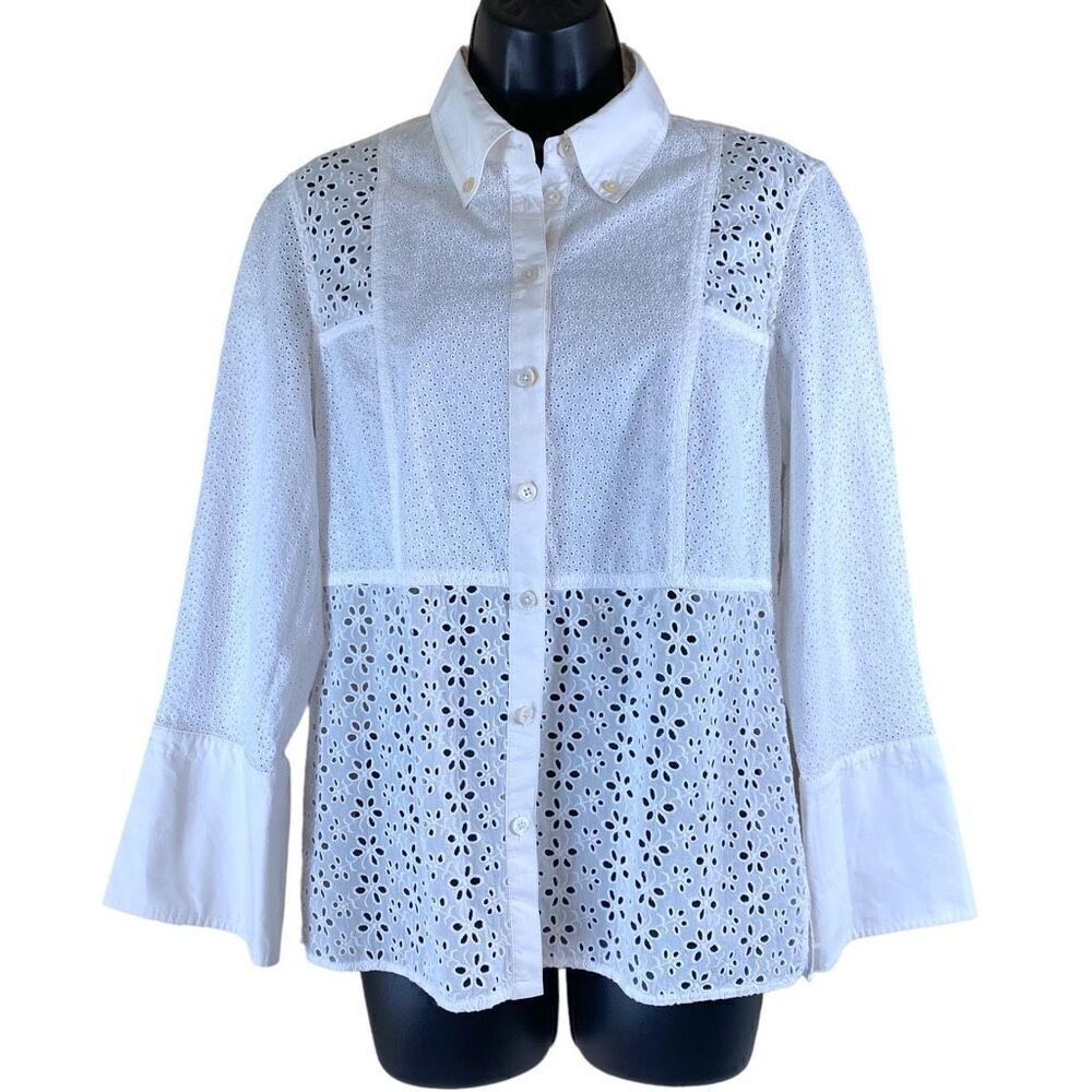 Tory Burch Ivory Eyelet Patchwork Button Down 3/4 Sleeve Shirt